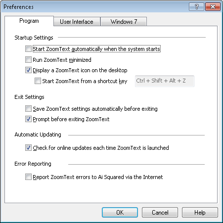 Screenshot of ZoomText's preference window with Program tab selected.