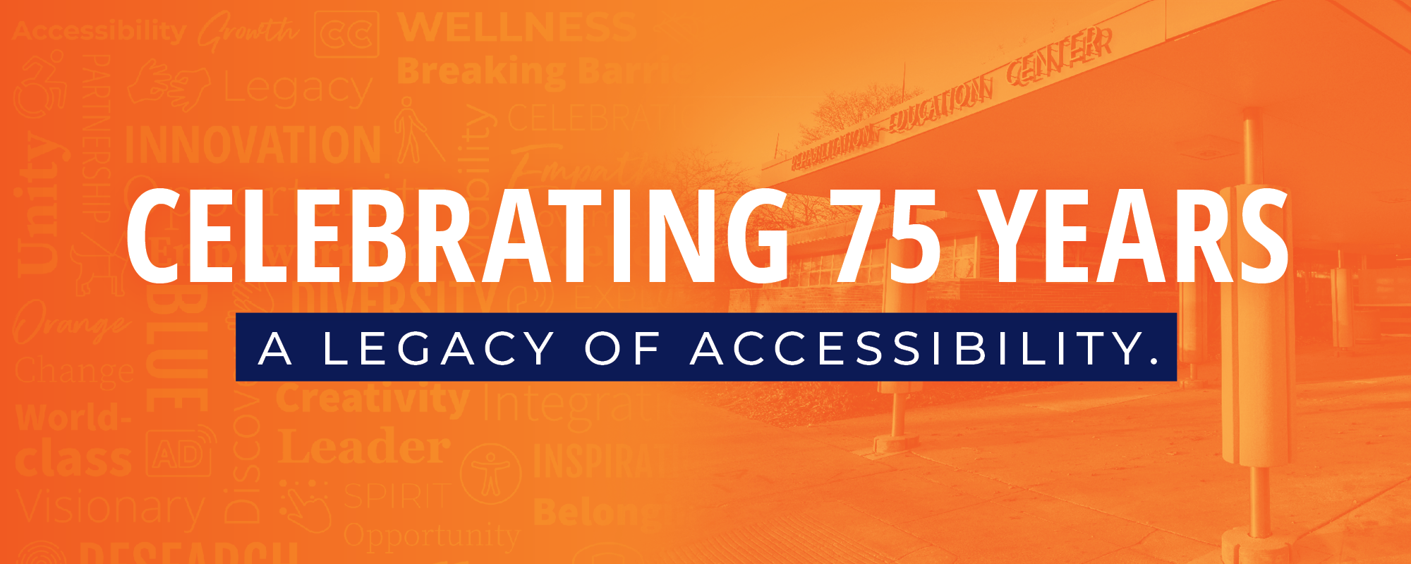 An Orange Image of the front entrance of DRES with the text "Celebrating 75 years. A legacy of accessibility" 
